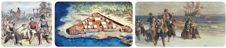 Illustration of early settlers in a historical landscape with agriculture and animals.
