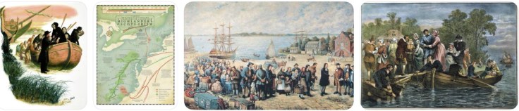 Illustration of a group of individuals arriving by boat to shore, surrounded by tall grass.