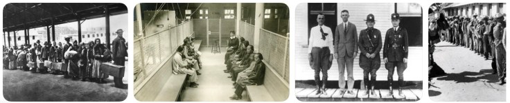 Historical photograph of a group of people waiting in line inside a building.
